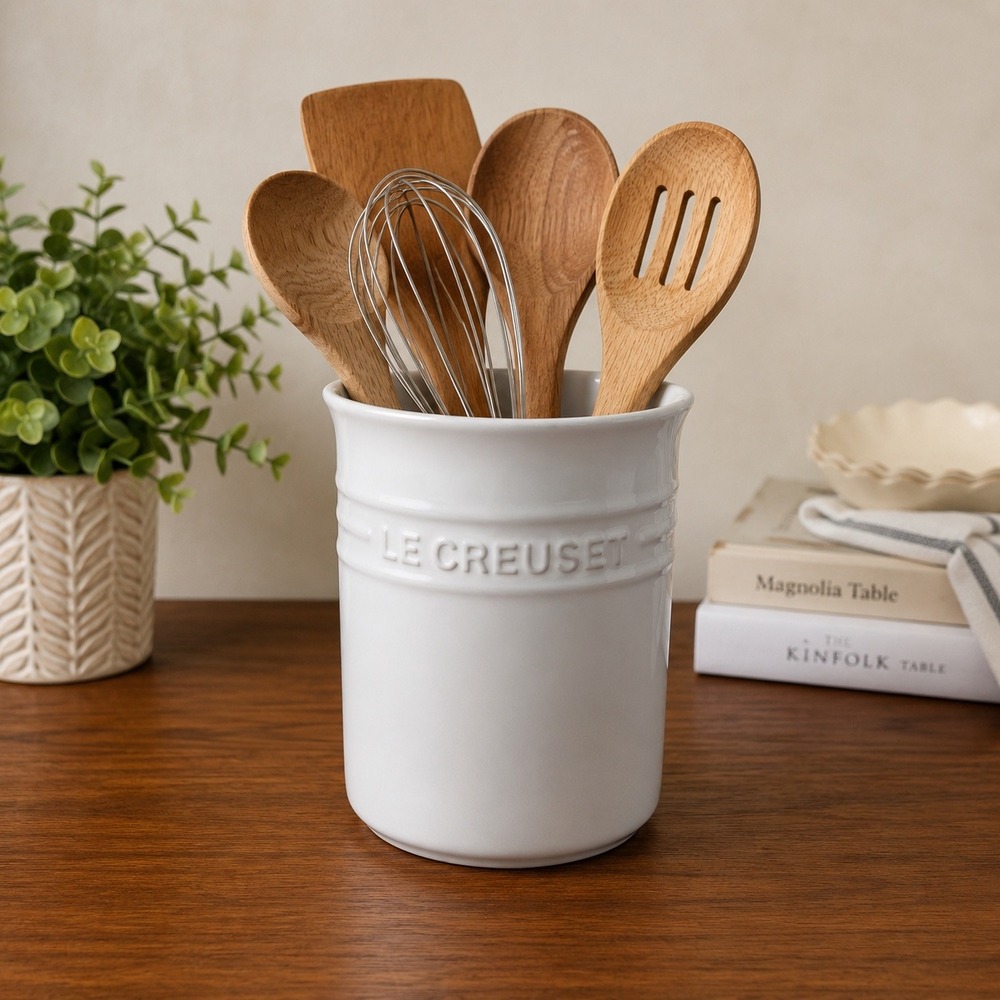 Le Creuset White Stoneware Crock 1 Quart Kitchen Tool Jar 6.25 Inch Cottagecore